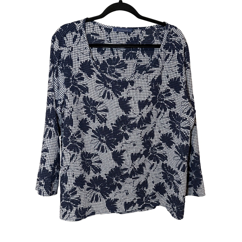 Cut Loose Split Back Gingham Floral Blouse Blue White Size‎ XL Lagenlook